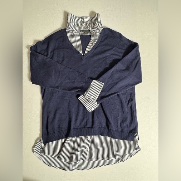Adrianna Papell Navy Blue Layered Sweater with Striped Collar Medium - Picture 1 of 8
